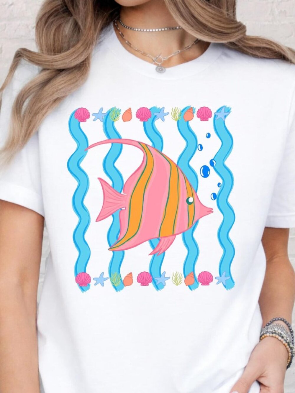 Angel Fish Coastal T-Shirt 🐠🐚✨ | Whimsical Beach Graphic Tee | Striped Summer